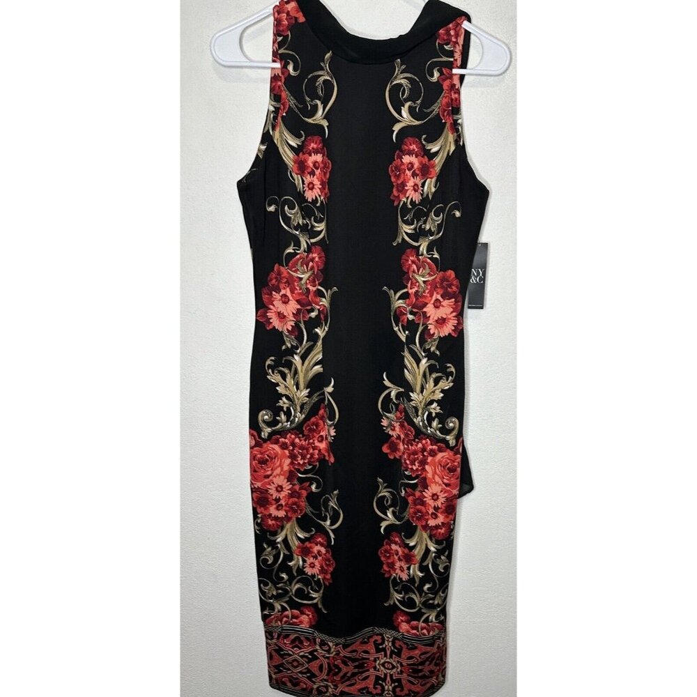 New York & Company Mock Neck Scuba Midi Print Black Floral Dress Size Medium